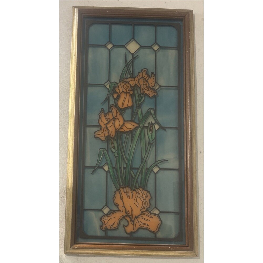 Vtg 80s Framed Faux Stained Glass Peach Iris Flowers Wall Hanging Decor 12 x 24